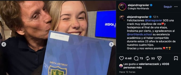 Taína terminó el colegio y lo celebró junto a Valeria Mazza y Alejandro Gravier: “Muy orgullosos”. CREDITO: Instagram