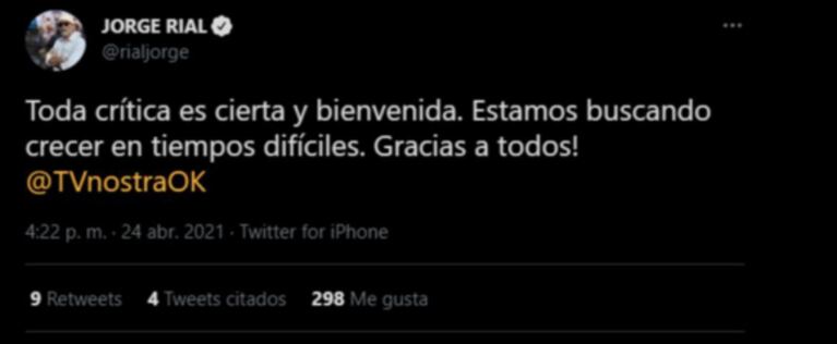 Tajante mensaje de Jorge Rial ante las críticas por el bajo rating de TV Nostra: "Buscando crecer en tiempos difíciles"