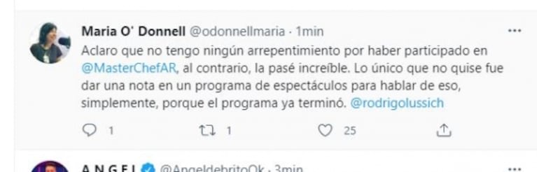 Tajante respuesta de María O'Donnell a Rodrigo Lussich: "No me arrepiento de haber participado en MasterChef"
