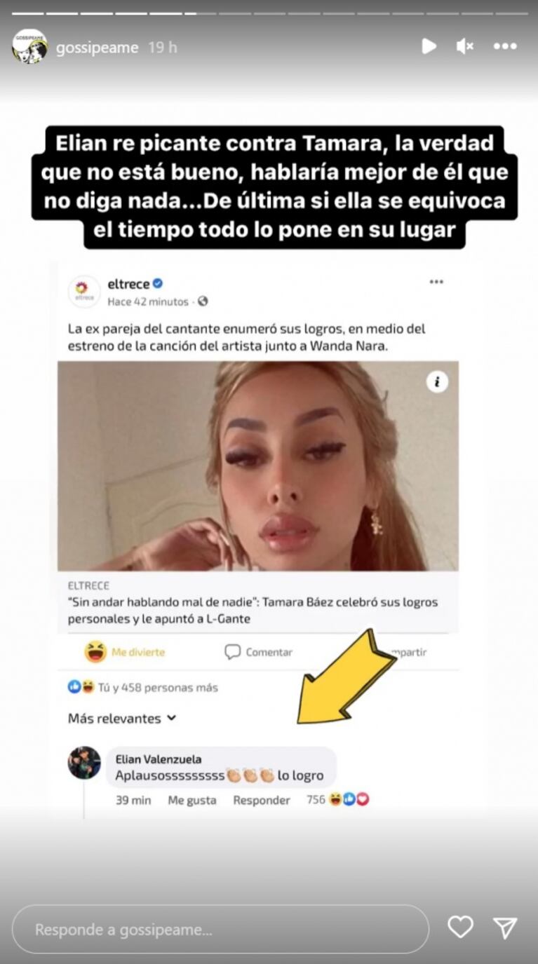 Tamara Báez enumeró sus logros personales y L-Gante se burló de ella en Instagram: "Aplausos"