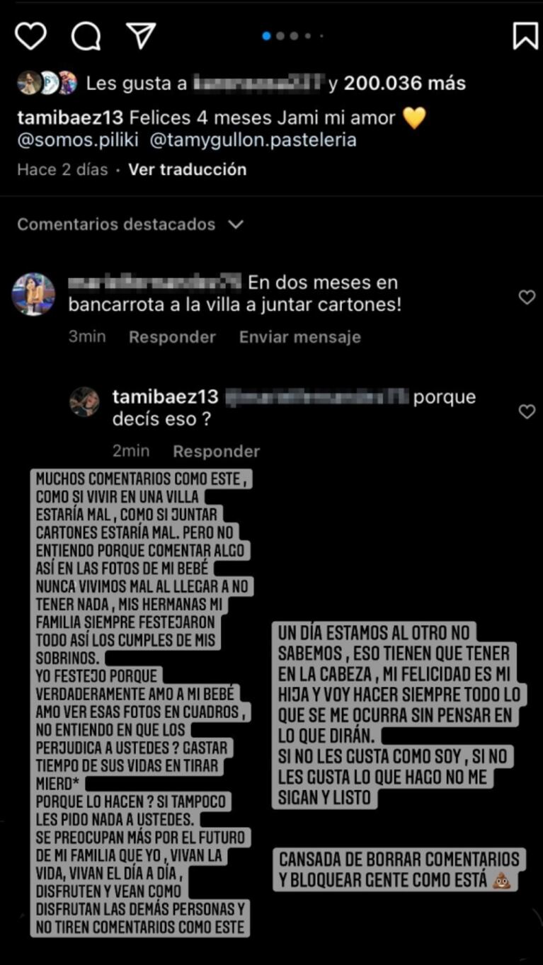 Tamara Báez, la novia de L-Gante, al cruce después de que le dijeron que iba a terminar "en la villa juntando cartón": "Cansada de esta gente"