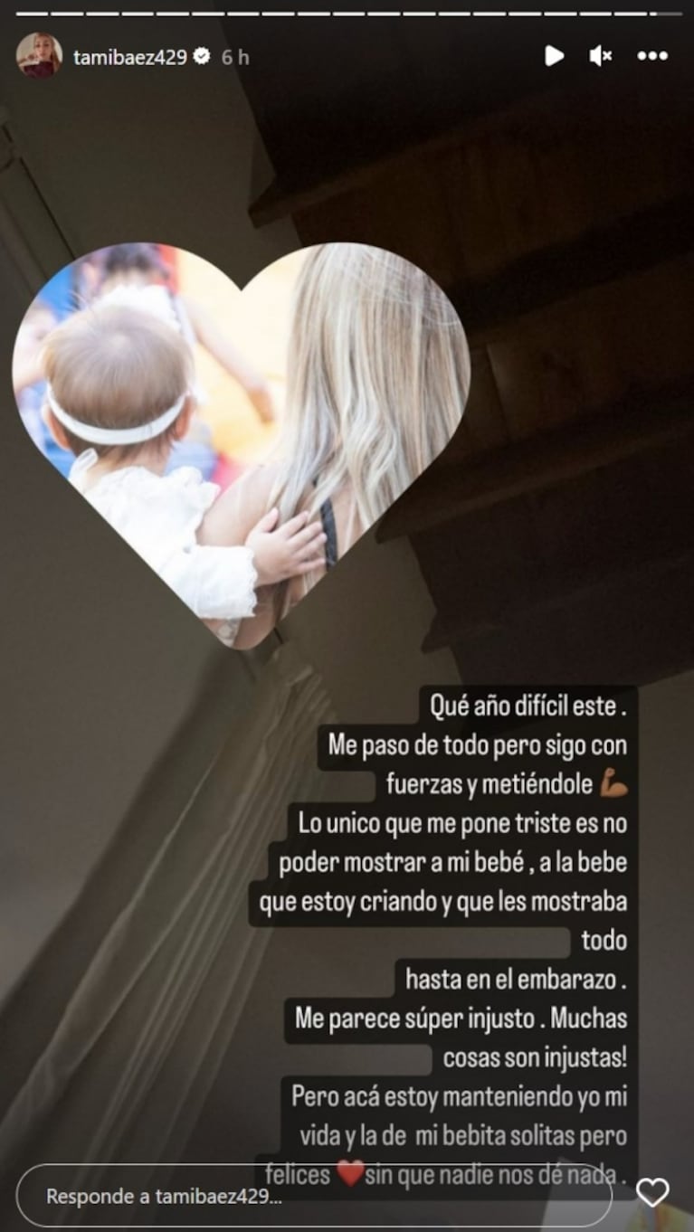 Tamara Báez posteó un desgarrador mensaje: "Manteniendo mi vida y la de mi bebita solitas"