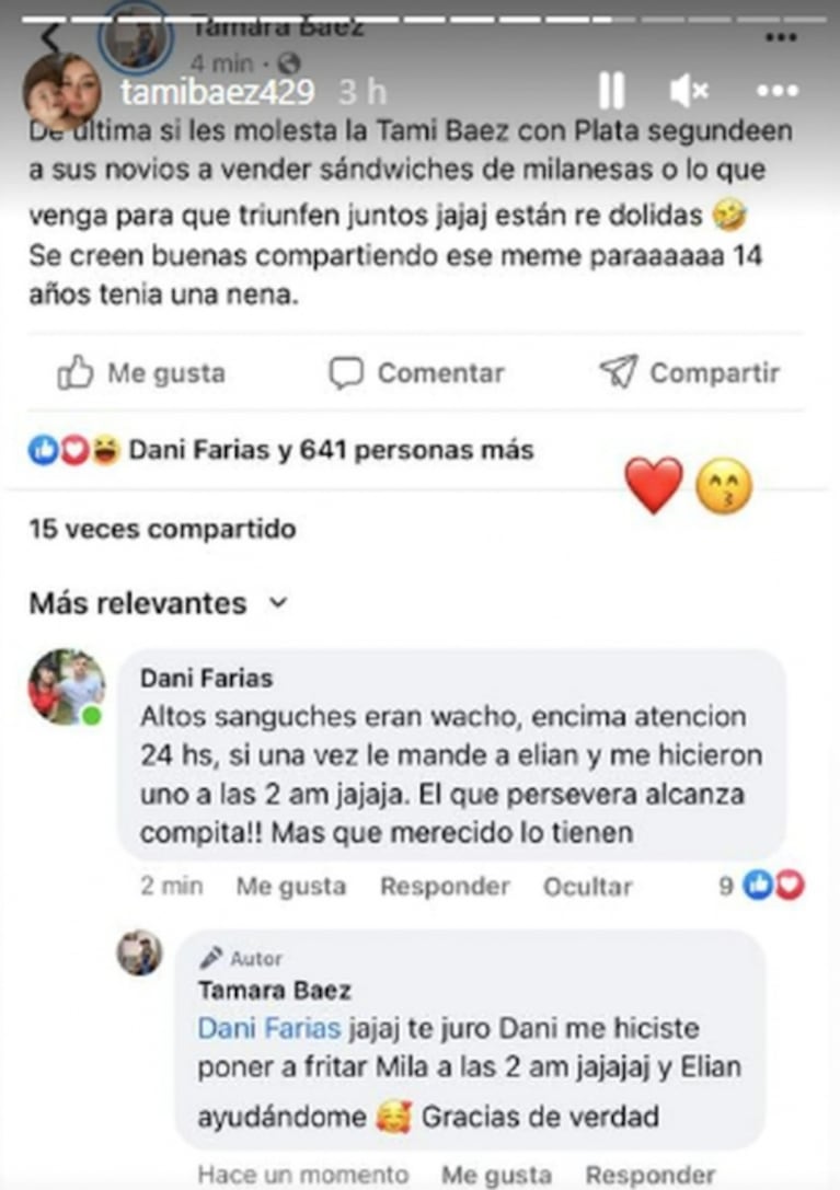 Tamara Báez se cansó de las críticas y recordó cuando vendían sandwiches con L-Gante 