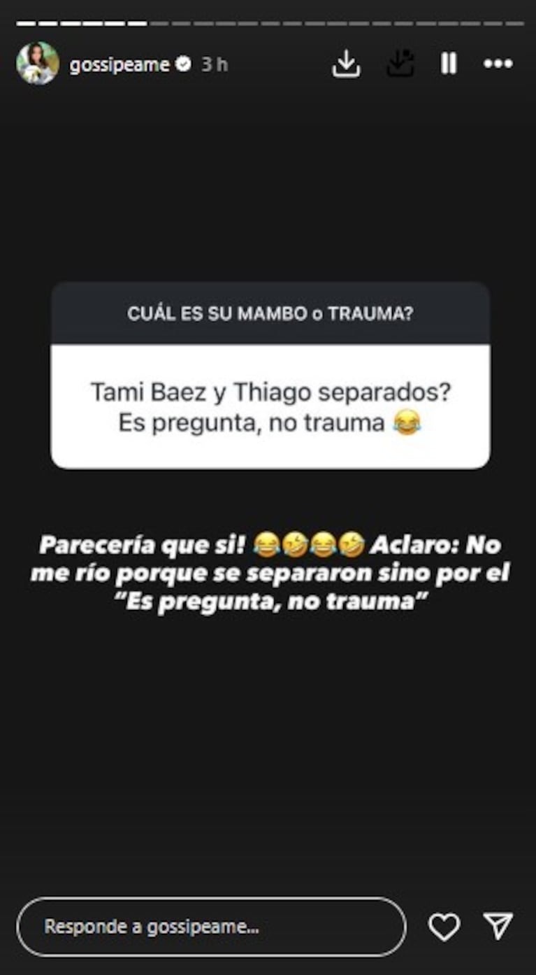 Tamara Báez y Thiago Martínez, ¿separados? | Créditos: Instagram @gossipeame