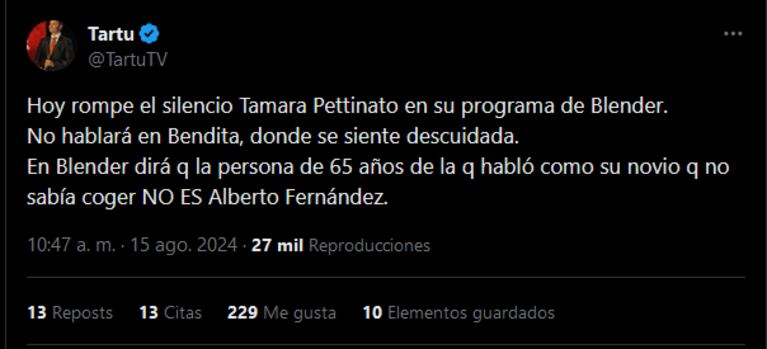 Tartu sobre Tamara Pettinato.