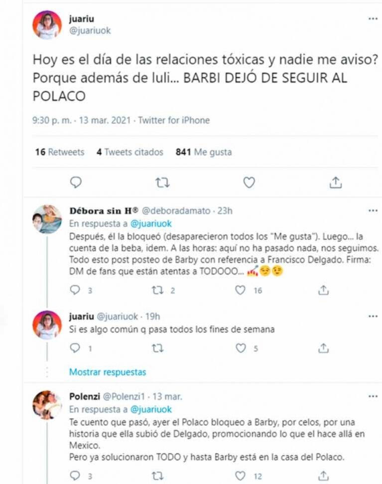 Tensión en las redes entre Barby Silenzi y el Polaco ¡por un ex de ella!: "Él la bloqueó por un posteo de Francisco Delgado"