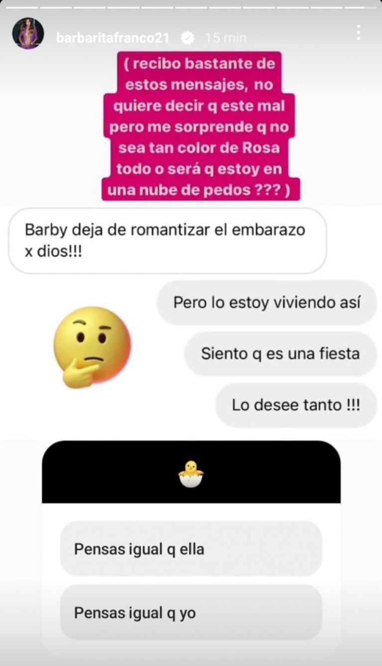 Tenso cruce de Barby Franco con una seguidora que le pidió que no romantice el embarazo