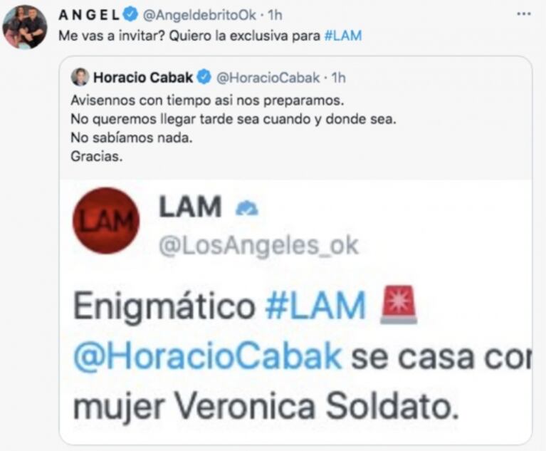 Tenso ida y vuelta de Horacio Cabak con Ángel de Brito en Twitter por la versión de su casamiento: "¿Me vas a invitar?"