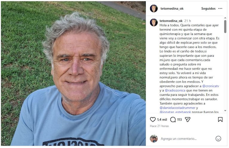 Teto Medina contó que empieza una nueva etapa en su lucha contra el cáncer de colon. (Foto: @tetomedina_ok)