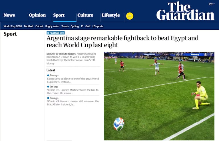 The Guardian calificó como "remarkable" la reacción de la Selección para vencer a Egipto y avanzar a cuartos de final.
Fuente: Captura The Guardian