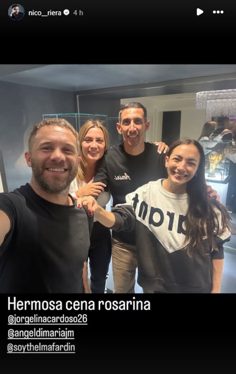 Thelma Fardin y Nicolás Riera compartieron una cena con Ángel Di María y Jorgelina Cardoso en la ciudad de Rosario. La reunión quedó registrada en una fotografía que compartió el actor en a que aparece junto a su pareja, y el matrimonio del futbolista con su esposa.