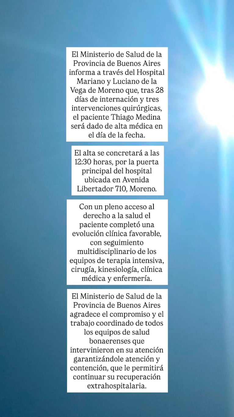 Thiago Medina recibirá el alta este 9 de octubre