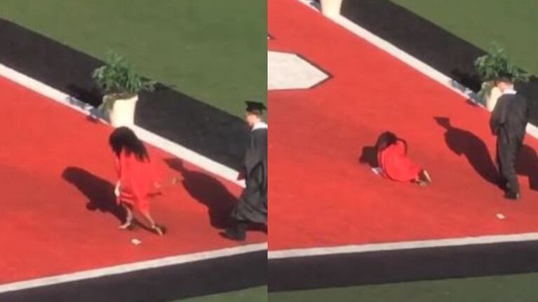 Tierra, ¡trágame!: Una joven pierde el equilibrio en tacones durante su ceremonia de graduación