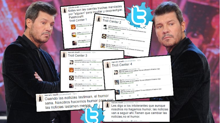 Tinelli mostró las cuentas de Twitter truchas desde donde instalaron un hashtag en su contra (Foto: Twitter y Web)