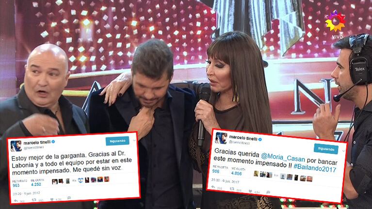 Tinelli twitteó desde su camarín tras ser atendido por el doctor Labonia.