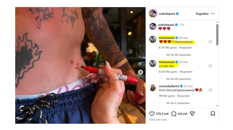 Tini le pintó tres corazones a De Paul. La cantante reaccionó al posteo de su novio con un "qué lindo sos". Captura: Instagram @rodridepaul