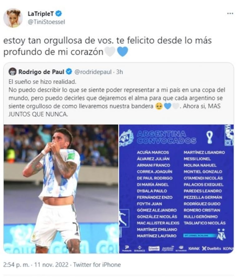 Tini Stoessel felicitó a Rodrigo De Paul por integrar la lista de convocados para el Mundial