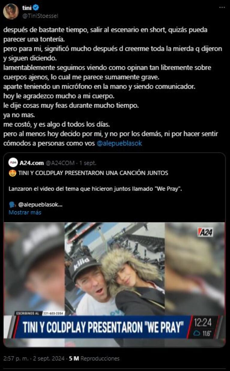Tini Stoessel le reprochó sus palabras a Alejandro Pueblas (Foto: Twitter/ X)