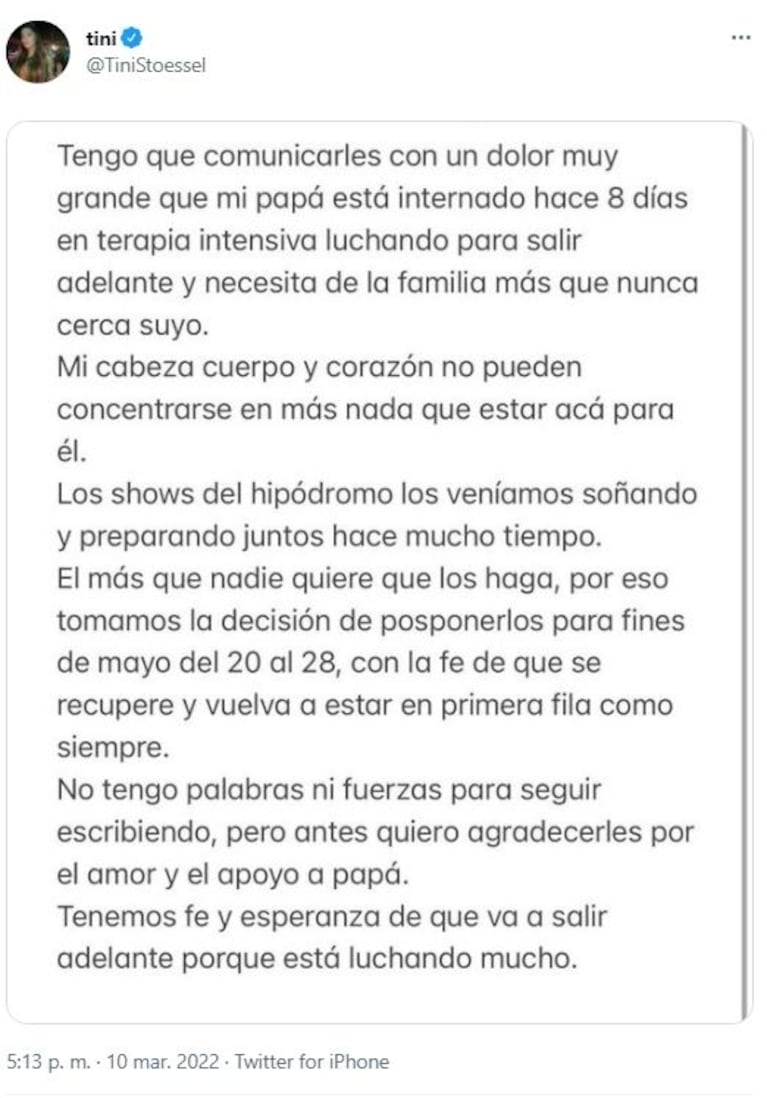 Tini Stoessel postergó las fechas de sus shows por la salud de su papá: "Está luchando mucho y necesita de la familia más que nunca cerca suyo"