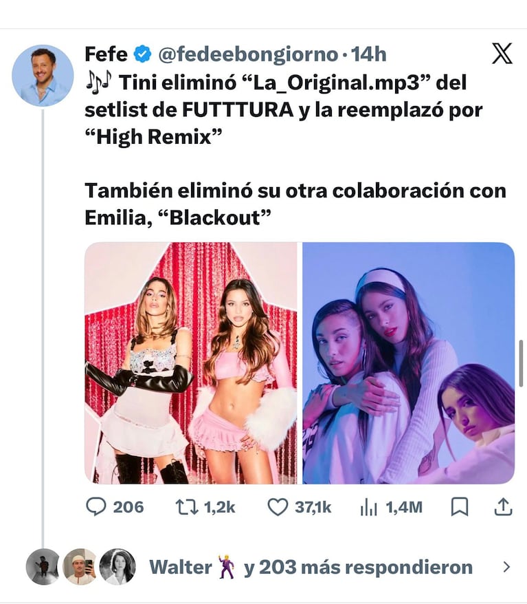 Tini Stoessel sacó de su setlist de FUTTTURA las canciones con Emilia Mernes (Foto: X/@fedeebongiorno)