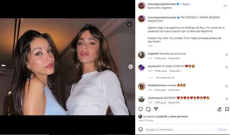 Tini Stoessel y María Becerra grabarán juntas | Créditos: Instagram @mecomprendezmendez