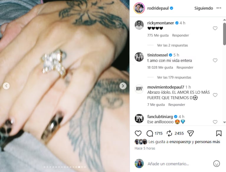 Tini Stoessel y Rodrigo De Paul: el anillo de compromiso que confirmaría su boda. Crédito: Instagram