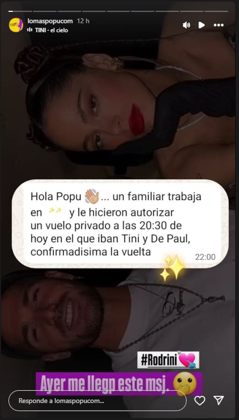 Tini Stoessel y Rodrigo de Paul viajaron a Madrid (Foto: Instagram @lomaspopucom)
