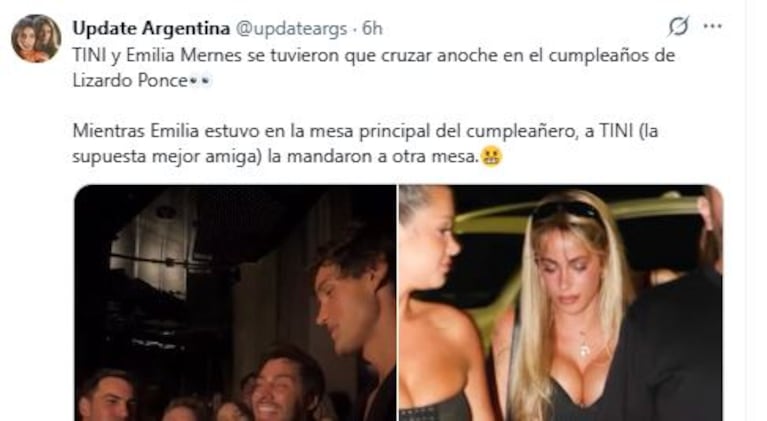 Tini y Emilia se sentaron en mesas separadas en el cumpleaños de Lizardo (Foto: captura X / @updateargs)
