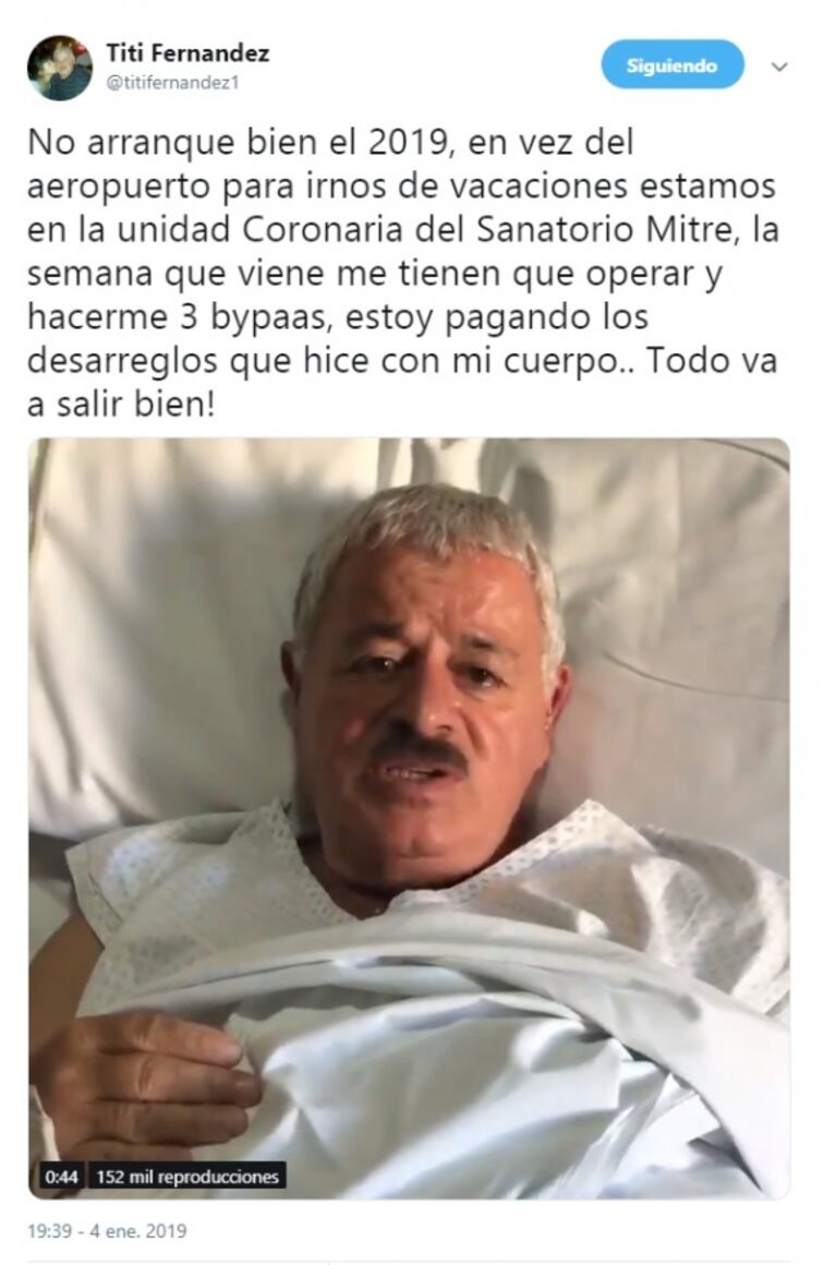 Tití Fernández fue internado y deberán realizarle tres bypass: "Estoy pagando los desarreglos que hice con mi cuerpo"