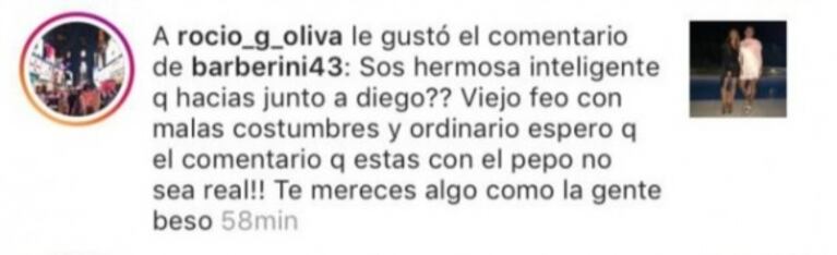 ¡Todo mal! Fuerte "me gusta" de Rocío Oliva al comentario de una seguidora que llama a Maradona "viejo feo"