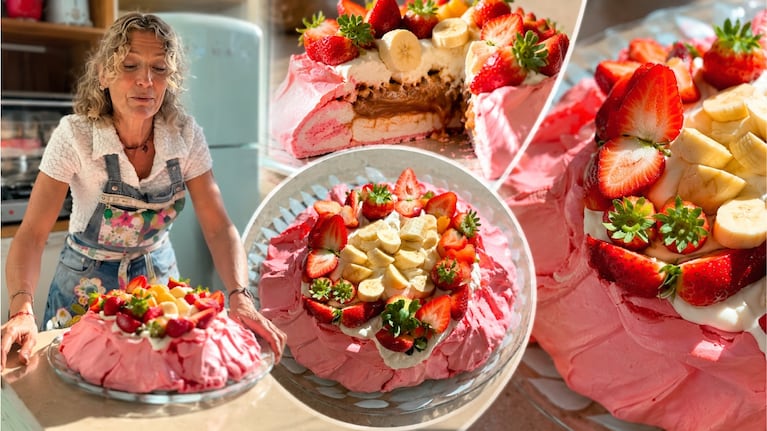 Torta pavlova "rosa" de Maru Botana. Foto: montaje