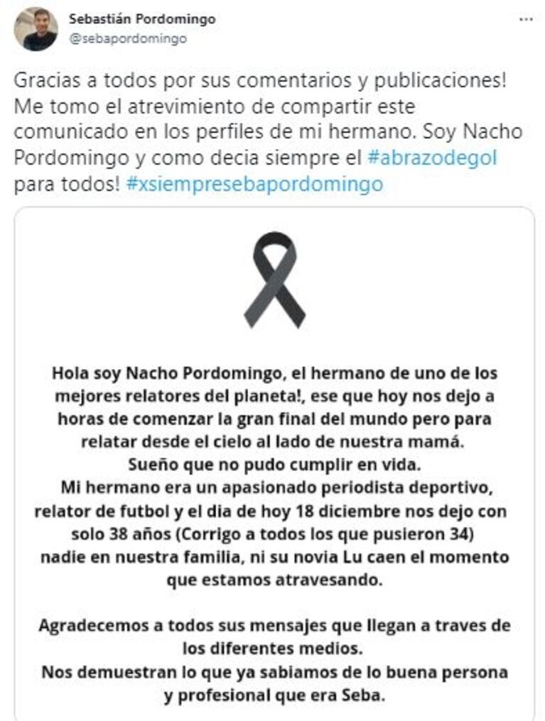 Tragedia en el periodismo deportivo: murió el relator Sebastián Pordomingo a los 38 años