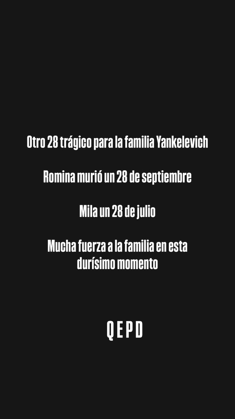 Tragedia en la familia Yankelevich: la dolorosa coincidencia entre las muertes de Romina Yan y Mila. Crédito: Instagram/@mecomprendemendez