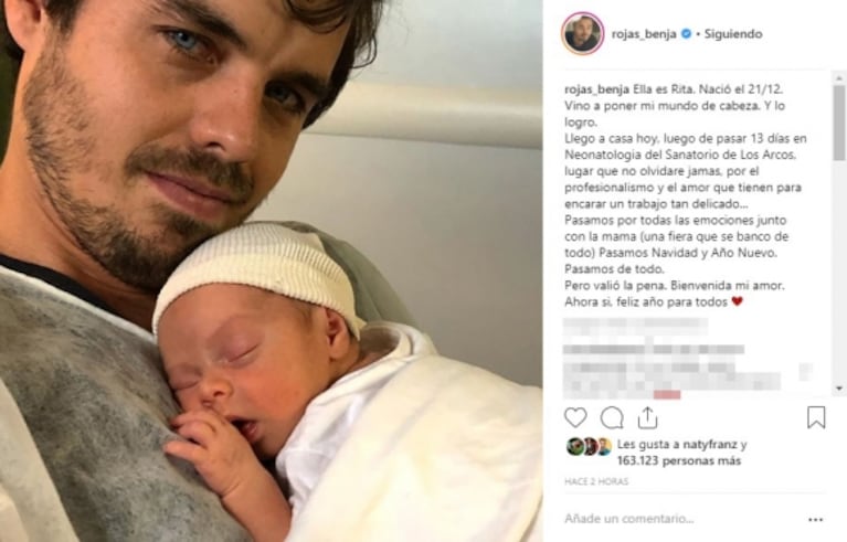 Tras 13 días en neonatología, la beba de Benjamín Rojas ya está en casa y el actor la presentó en las redes: conocé a Rita