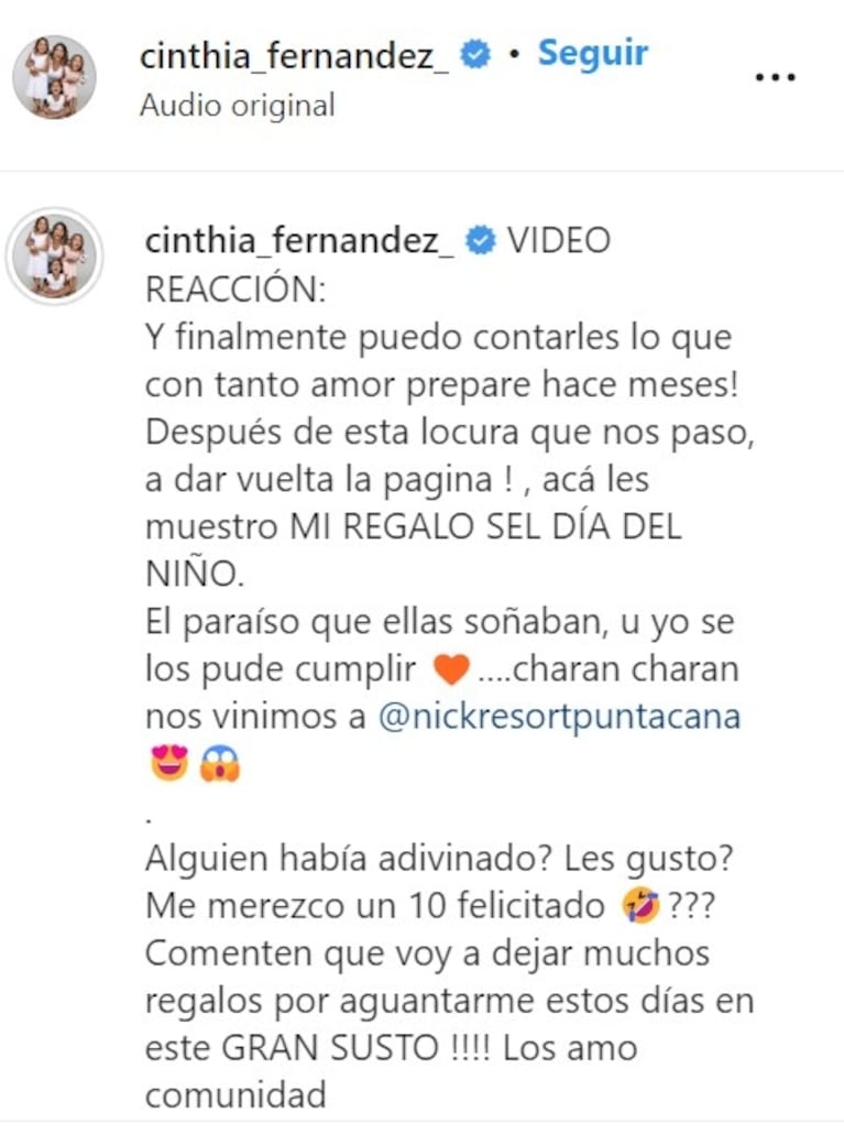 Tras el susto con Francesca, Cinthia Fernández mostró cómo les contó a sus hijas del viaje a Punta Cana 