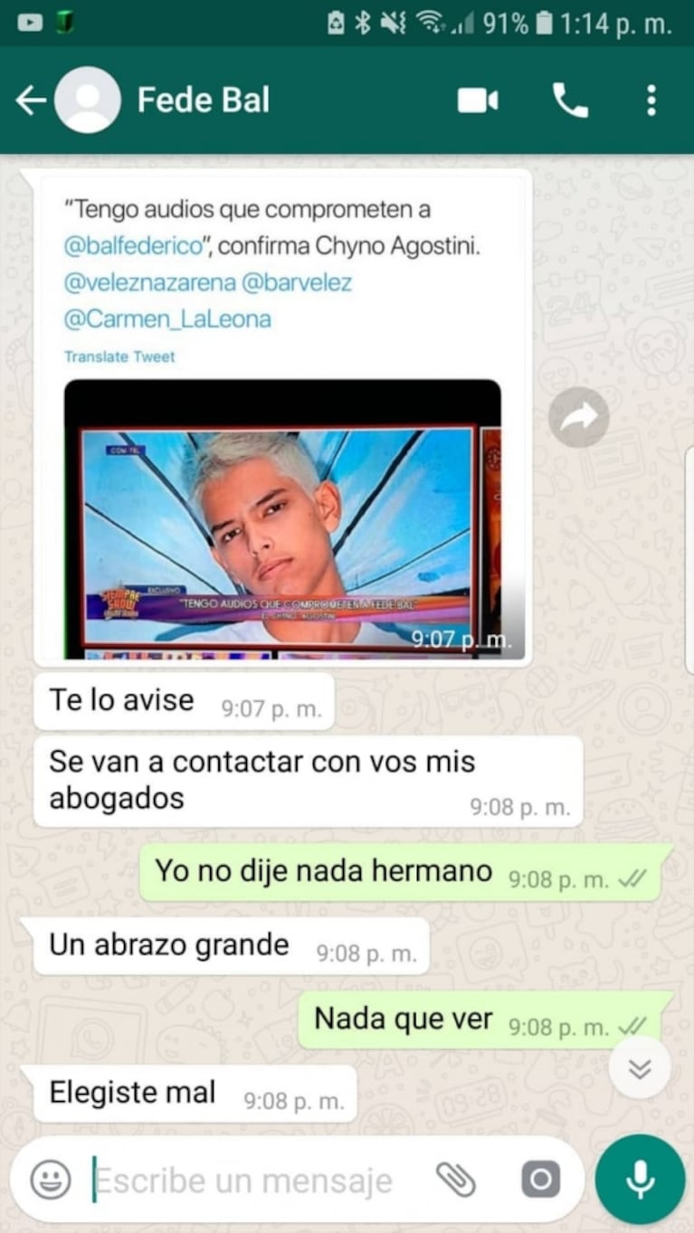 Tras revelar que tiene audios que comprometerían a Fede Bal, Chyno Agostini compartió supuestos chats con el actor 