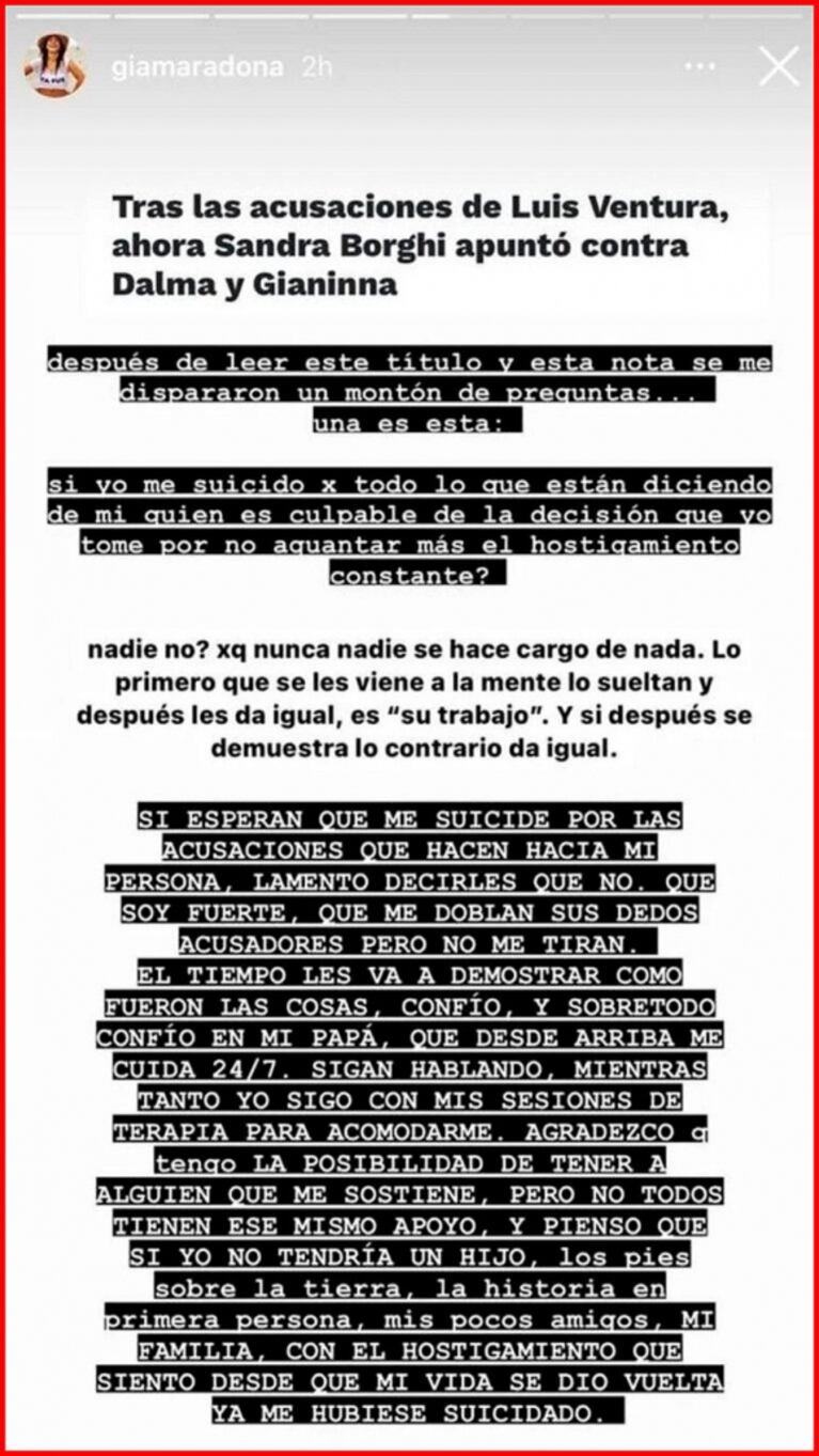 Tremenda afirmación de Gianinna Maradona: "Si no tuviera un hijo, con el hostigamiento ya me habría suicidado"