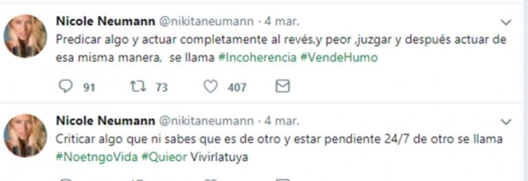 ¡Tremenda! Nicole Neumann y sus picantes tweets tildando de "vendehumo"... ¿a Fabián Cubero? 
