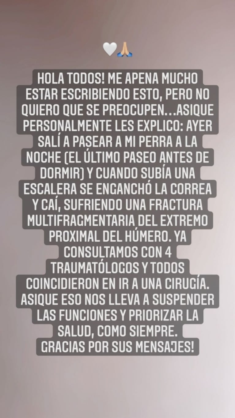 Tremendo accidente de Gimena Accardi al pasear a su perra: "Fractura multifragmentaria del húmero con desplazamiento"