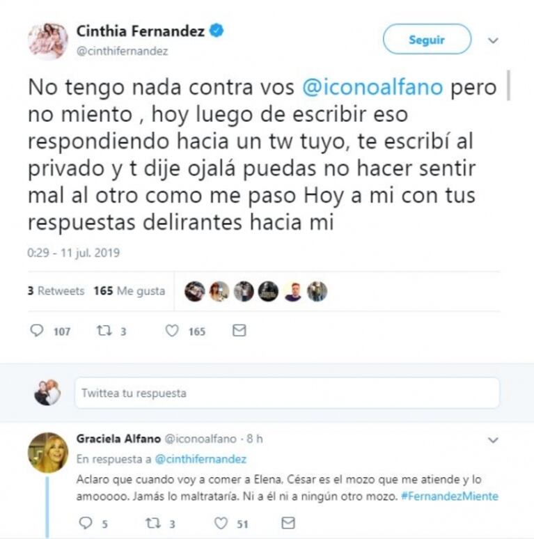 Tremendo cruce en Twitter de Cinthia Fernández y Graciela Alfano: la dura acusación de la bailarina