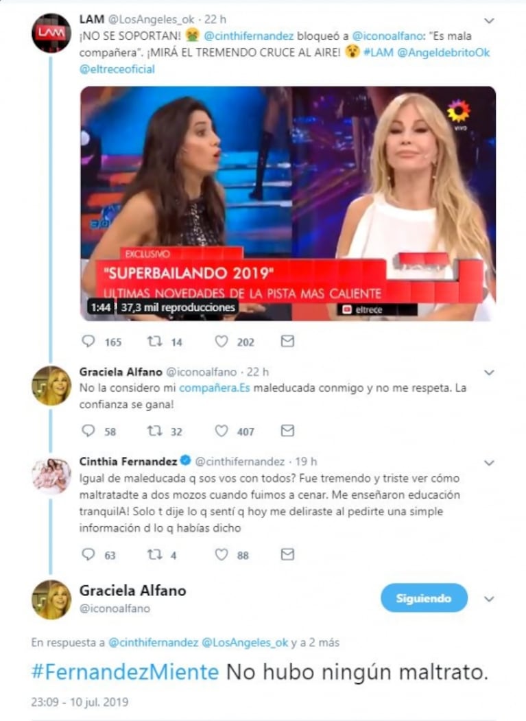 Tremendo cruce en Twitter de Cinthia Fernández y Graciela Alfano: la dura acusación de la bailarina