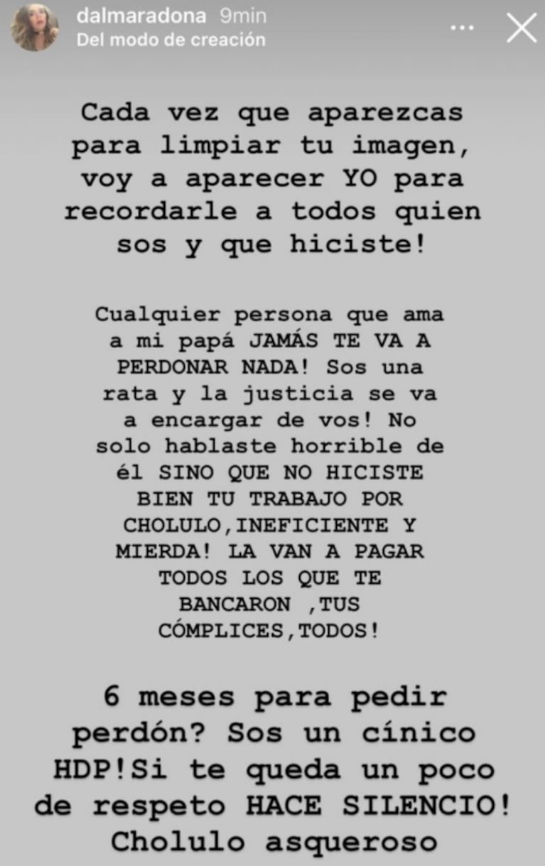 Tremendo descargo de Dalma Maradona contra Leopoldo Luque luego de que pidiera disculpas por sus audios: "Sos una rata"