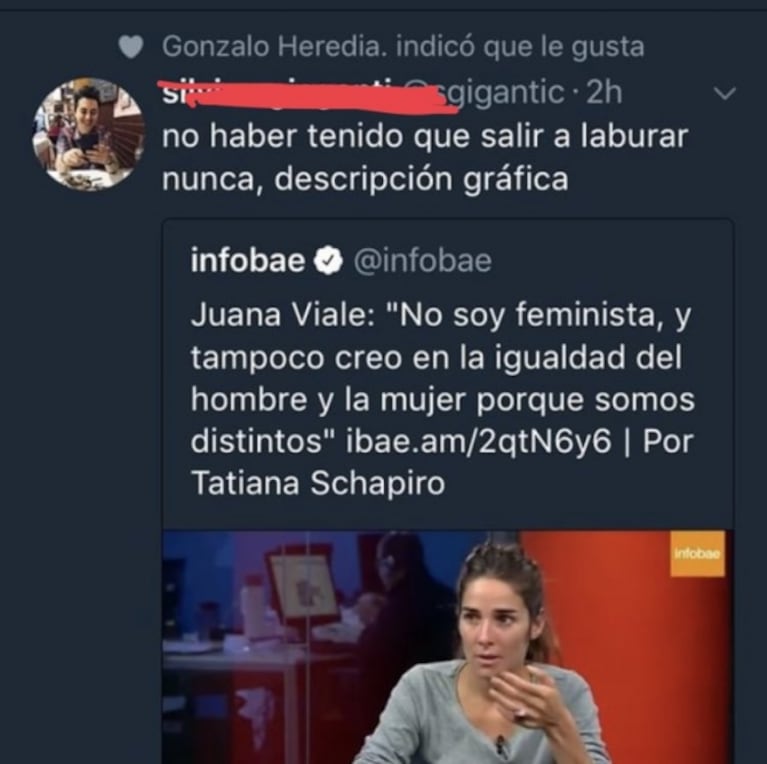 Tremendo "me gusta" de Gonzalo Heredia contra Juanita Viale: mirá qué dice el mensaje