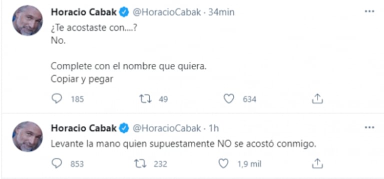 Tremendos e irónicos tweets de Horacio Cabak en medio de su escandalosa separación: "Levante la mano quien supuestamente no se acostó conmigo"