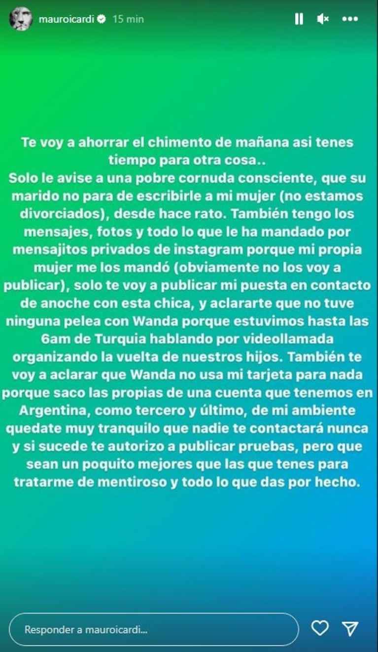 Tremendos posteos de Mauro Icardi tras el rumor de romance de Wanda Nara con un jugador casado: "Solo le avisé a una pobre cornuda"