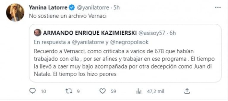 Tremendos posteos de Yanina Latorre contra la Negra Vernaci con capturas de sus chats privados: "Sos cínica y tenés doble cara"