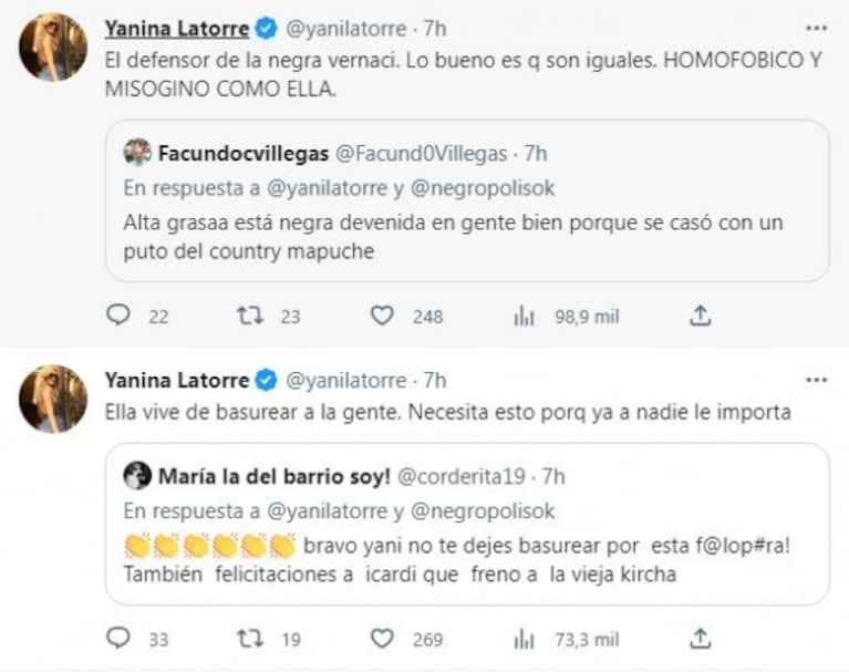 Tremendos posteos de Yanina Latorre contra la Negra Vernaci con capturas de sus chats privados: "Sos cínica y tenés doble cara"