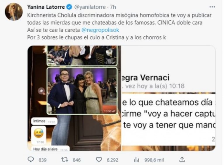 Tremendos posteos de Yanina Latorre contra la Negra Vernaci con capturas de sus chats privados: "Sos cínica y tenés doble cara"