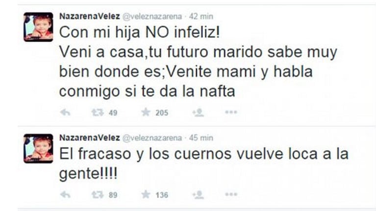 Tremendos tweets de Nazarena Vélez, que luego borró (Fotos: Captura).
