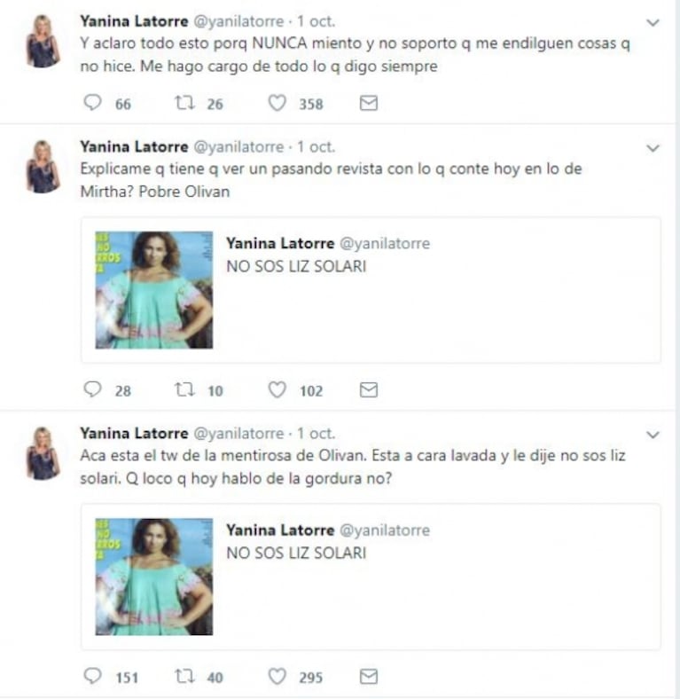 Tremendos tweets de Yanina Latorre, tras la pelea con María Julia Oliván: "Cara lavada, pero otras cosas sucias"